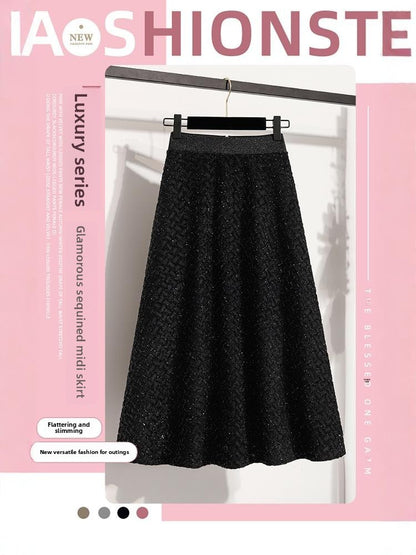 plus Size Women's High Waist A-Line Long Skirt Casual Versatile Glitter Wool Blend f Body Skirt for Full Figured Ladies