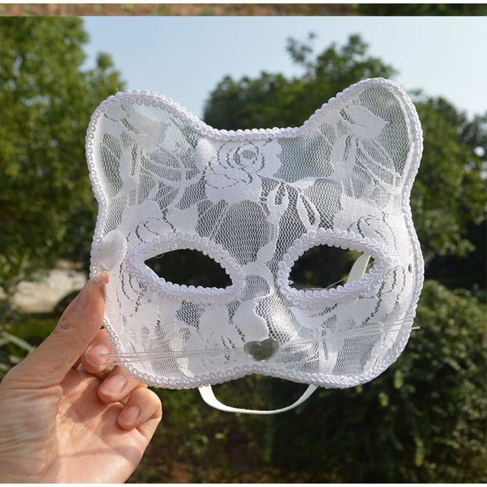 Lace Cat Face Mask Women Halloween Cosplay Costume Accessory Masquerade Party Prop
