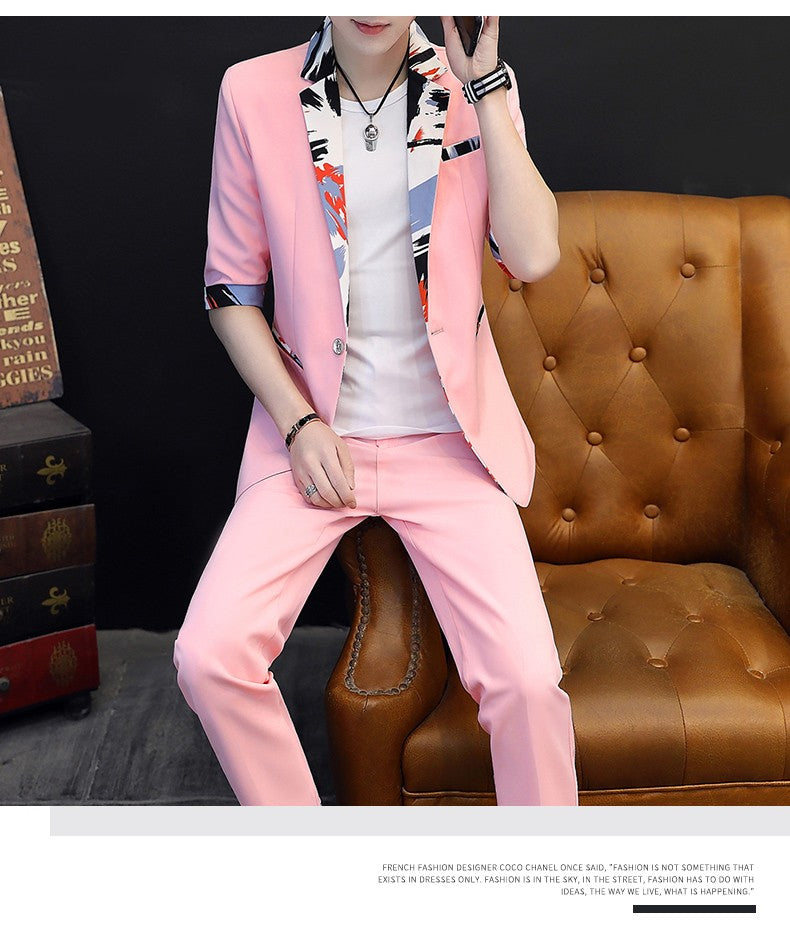 Summer 2025 Korean Slim Fit Short Sleeve Suit Casual Thin British Style Seven-Point Mid-Sleeve Suit for Men