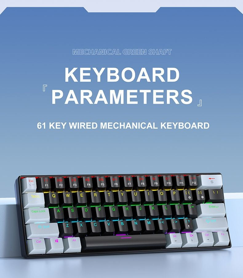 Teclado Mecânico RGB de 61 Teclas com Fio K61 Mini Teclado Portátil 60% Preto, Branco, Switches Vermelho/Azul para Jogos/Trabalho