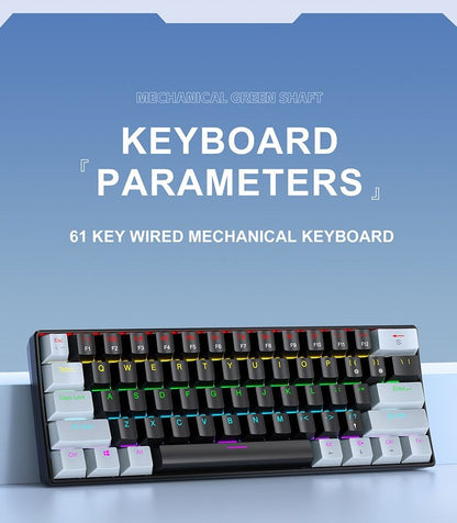 Teclado Mecânico RGB de 61 Teclas com Fio K61 Mini Teclado Portátil 60% Preto, Branco, Switches Vermelho/Azul para Jogos/Trabalho
