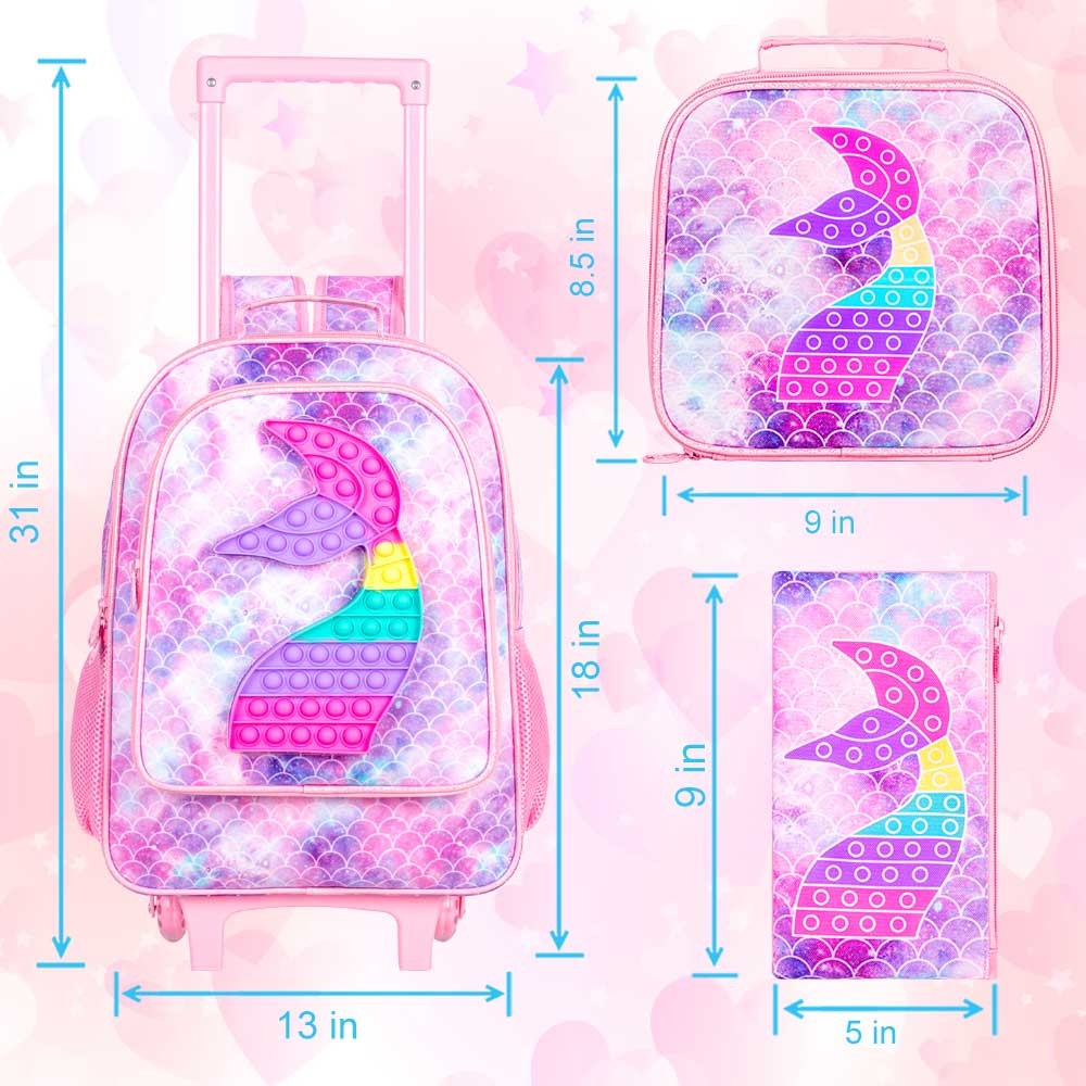 3PCS Kids Rolling Backpack for Girls, Mermaid Roller Wheeled Bookbag Toddler Elementary School Bag with Wheels - Pink