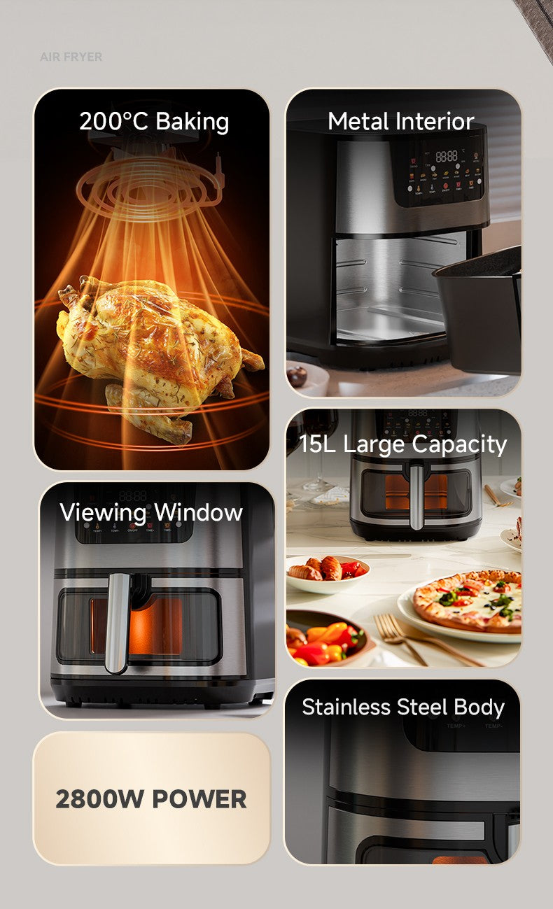 Large 15L Capacity Smart Home Appliances Stainless Steel French Air Fryer Machine Square-Shaped Visual Window Household