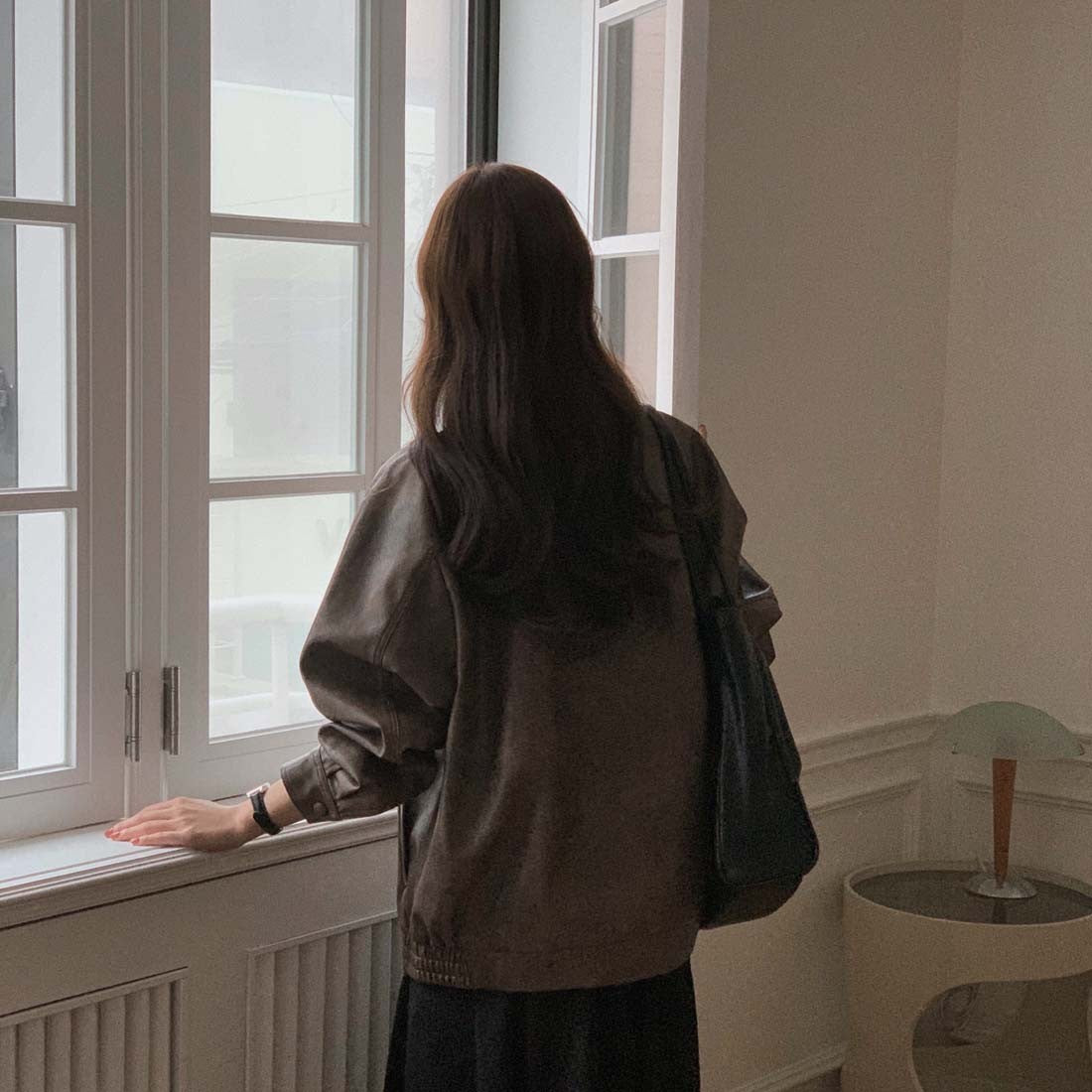 Sli Loose PU Leather Jaet Women's Chic Retro Collar Versatile BF Sle Motorcycle Clothes Trendy Long Sve Zipper