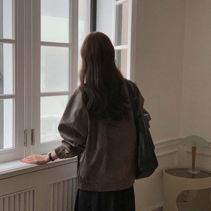 Sli Loose PU Leather Jaet Women's Chic Retro Collar Versatile BF Sle Motorcycle Clothes Trendy Long Sve Zipper