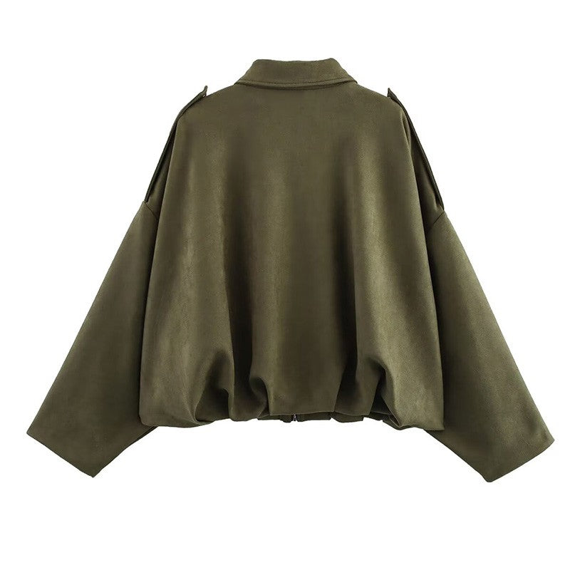 RAFZNB Women's Bomber Jackets Coats Fashion Turn-down Collar Long Sleeve Loose Coats Vintage Female Outerwear Chic Tops