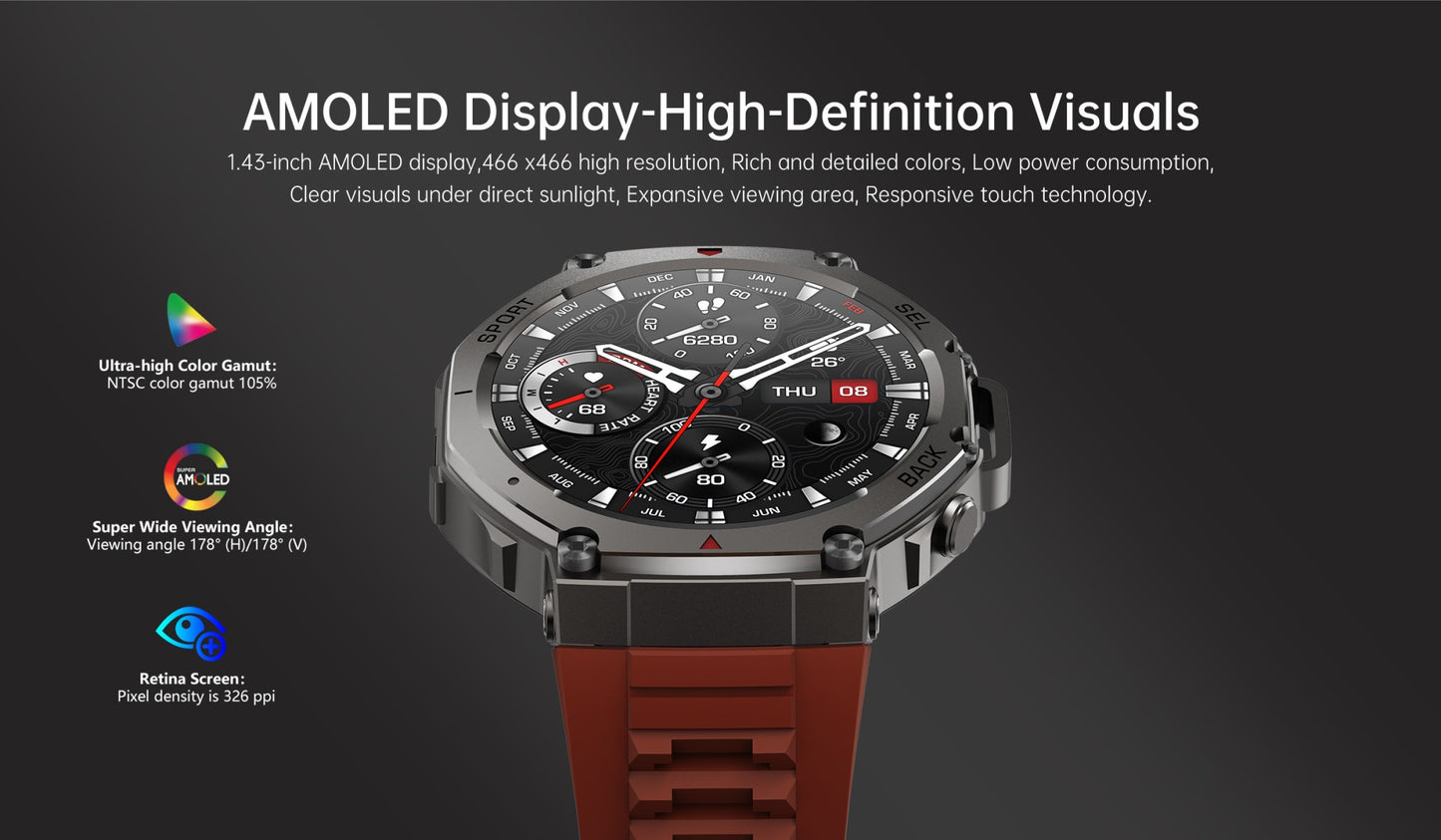 Novo Smartwatch Militar GPS de Banda Dupla T-Rex 3 Pro 48mm Resistente à Água 10ATM Bateria de 500mAh Bússola Altímetro AGPS