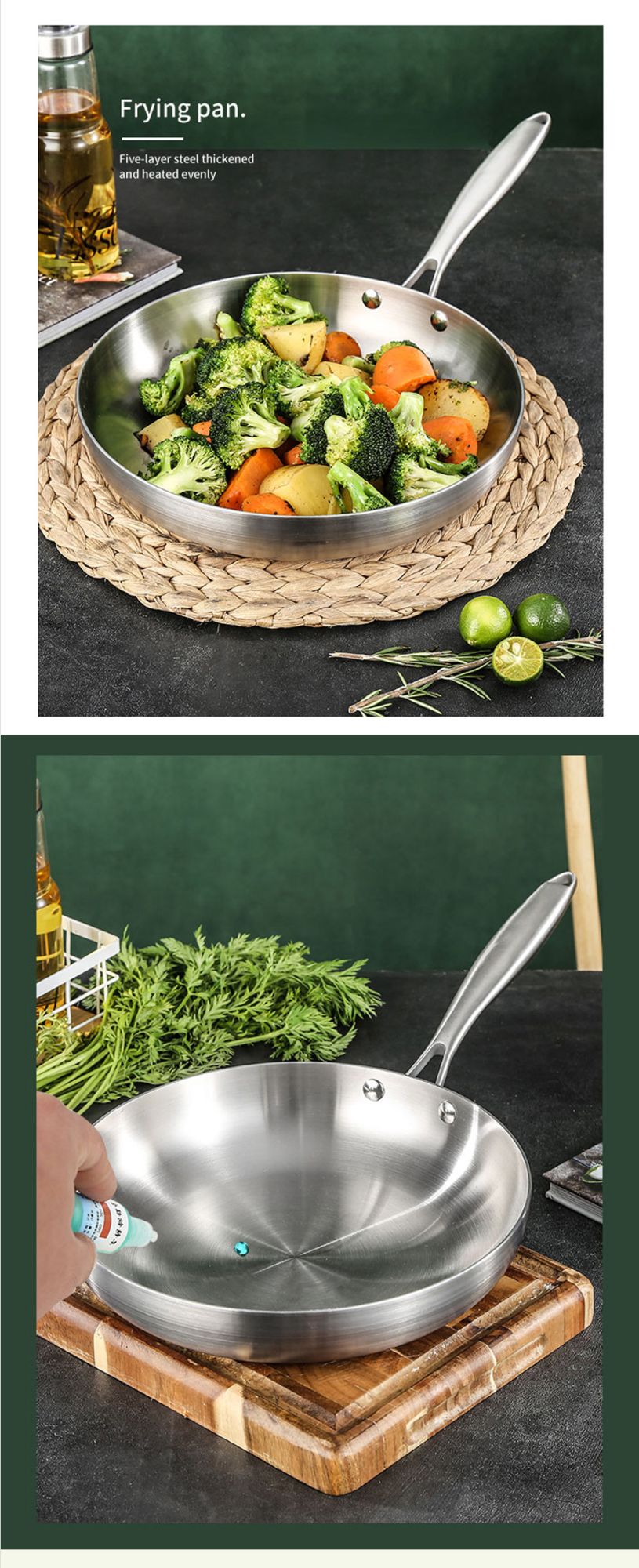 Frying Pan 304 Stainless Steel Non-Stick Steak Pan 22/24/26/28cm Skillet Wok Kitchen Cookware for Gas and Induction Hobs