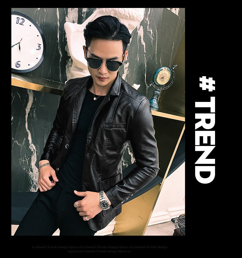 Spring/Autumn Leather Jacket - Plus Size Men's Youth Suit Collar Business Casual Leather Jacket European Sizes XS-3XL