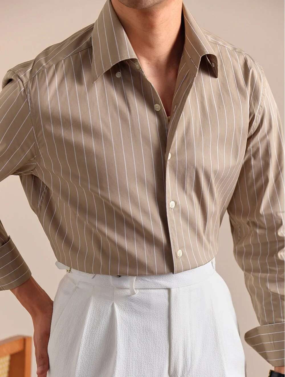 Cotton Blend Striped Casual Italian Style One Piece Collar Long Sleeved Shirt Men High Count Cotton Gentleman Business Shirt Men