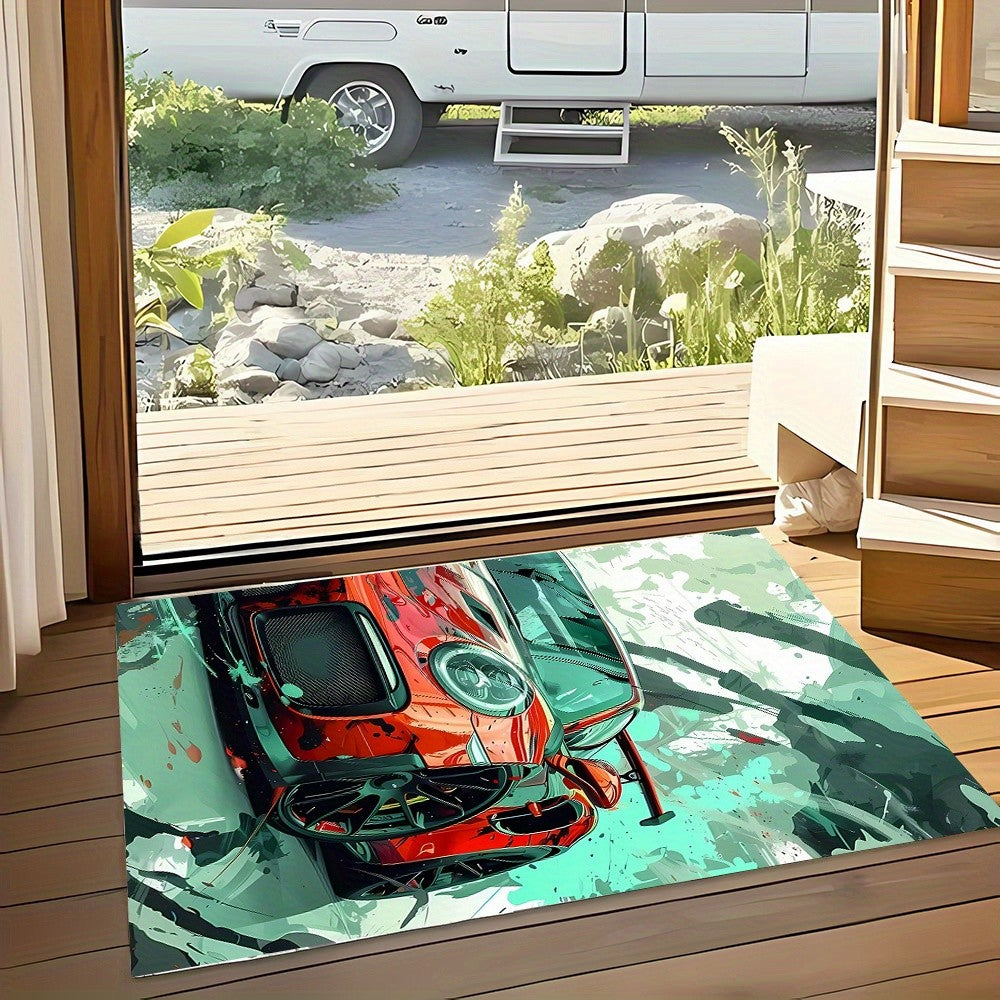 Vibrant Red Sports Car Racing Design Area Rug - For RV, Living Room, Bedroom, Picnic & Home Decor, Floor Mat