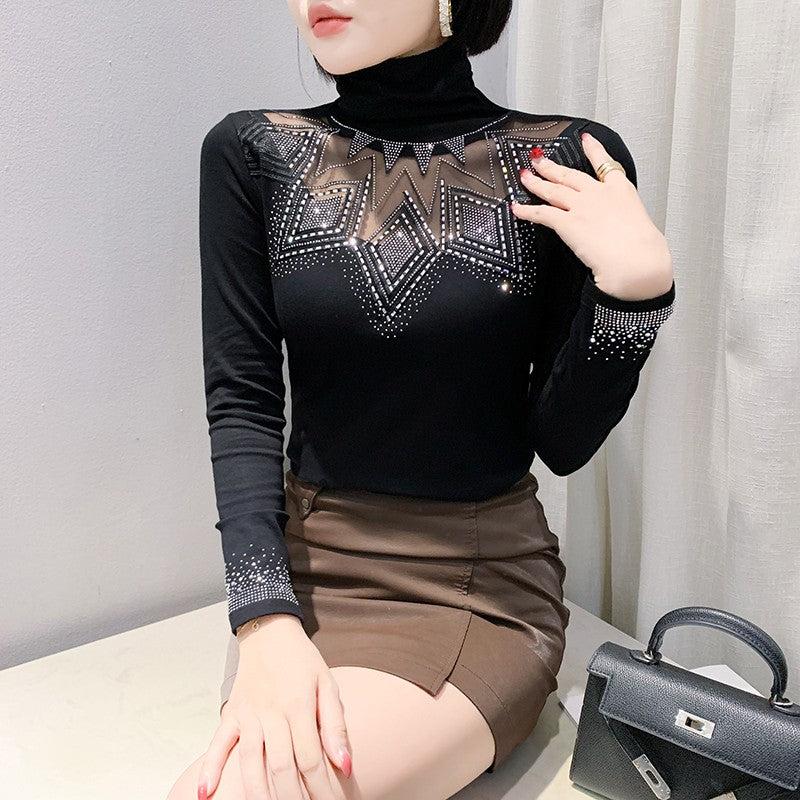 2025 European Station Long Sleeve Women Tees Autumn Winter New Stand collar Hot Diamond T Shirt Fashion Slim Mesh Tops