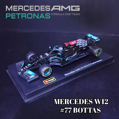 Bburago Mercedes W12 #77 Bottas F1 Car Model with Showcase, 1:43 Scale Formula 1 Racing Miniature Collectible Figure Toy