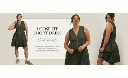 Fisoew Women's Sleeveless Mini Dress Half Zip V Neck Casual Mesh Back Summer Dress with Pockets sexy dress