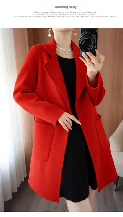 Ladies' Fashionable Woolen Coat Autumn Winter High End Medium Length Leisure Style Woolen Outerwear Pure Color Full Sleeve