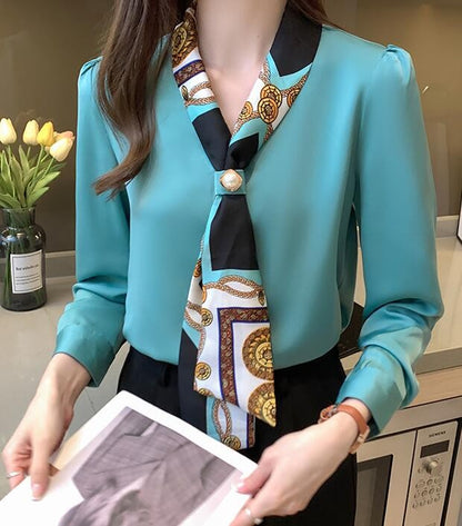 H Han Queen Spring Chiffon Simple Office Lady Blouse Female Shirt Bow Tops Long Sleeve Casual Korean OL Loose Blouses Women
