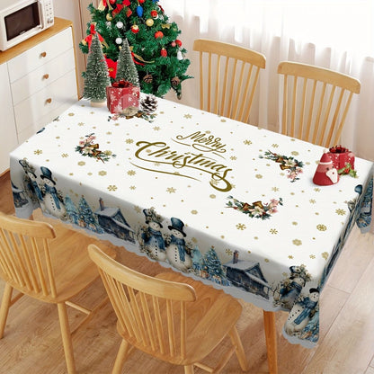 Christmas Snowman Golden Snowflake Rectangle Tablecloth Wedding Party Decor Xmas Tree Waterproof Tablecover Christmas Decoration