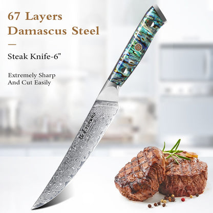 Faca de Cozinha TURWHO Japonesa de Aço Damasco de 67 Camadas com Cabo de Abalone Afiada Faca Santoku para Pão Bife Faca de Chef Ferramentas de Corte para Cozinha