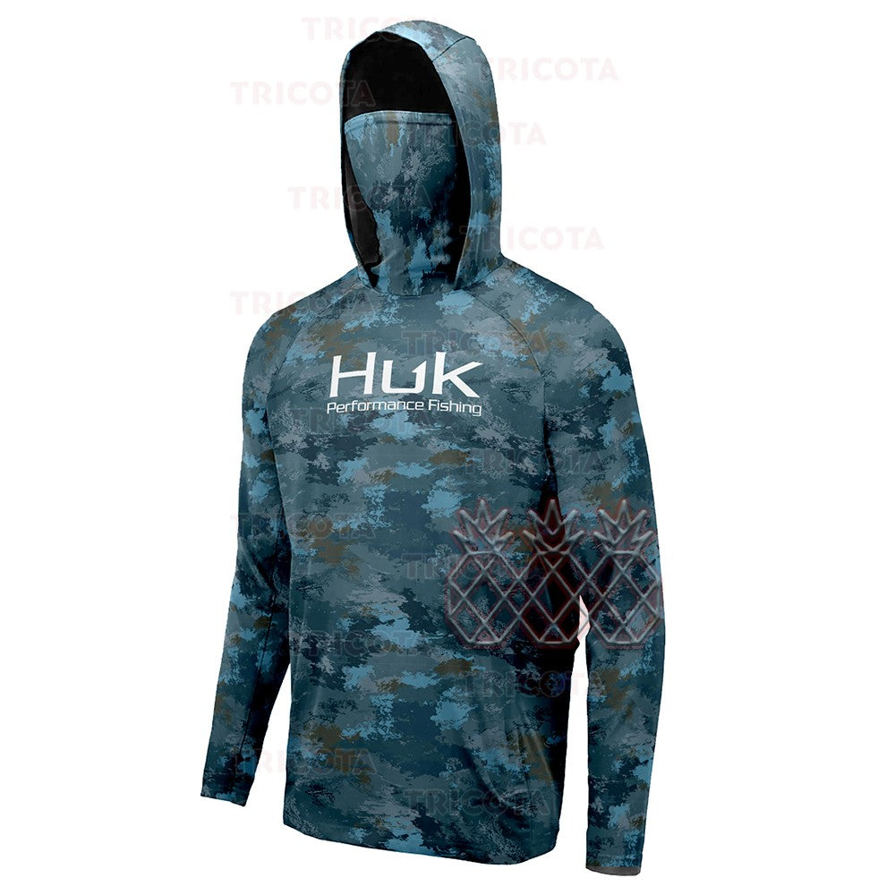 Camisas de Pesca HUK Masculinas Máscara Manga Longa Roupas de Pesca Ao Ar Livre Roupa UV Casaco com Capuz Upf Protetor Solar Respirável Tops de Pesca