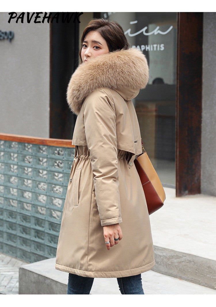 Women Winter Parka Warm Hooded Long Sleeve Zipper Thick Jackets Fur Collar Fleece Drawstring Long Coat Casual Streetwear Outwear