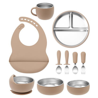 Color Kids 10PCS Infant Feeding Set Stainless Steel Silicone Tableware With Detachable Bowl Plate Bib Weaning Utensils For Baby