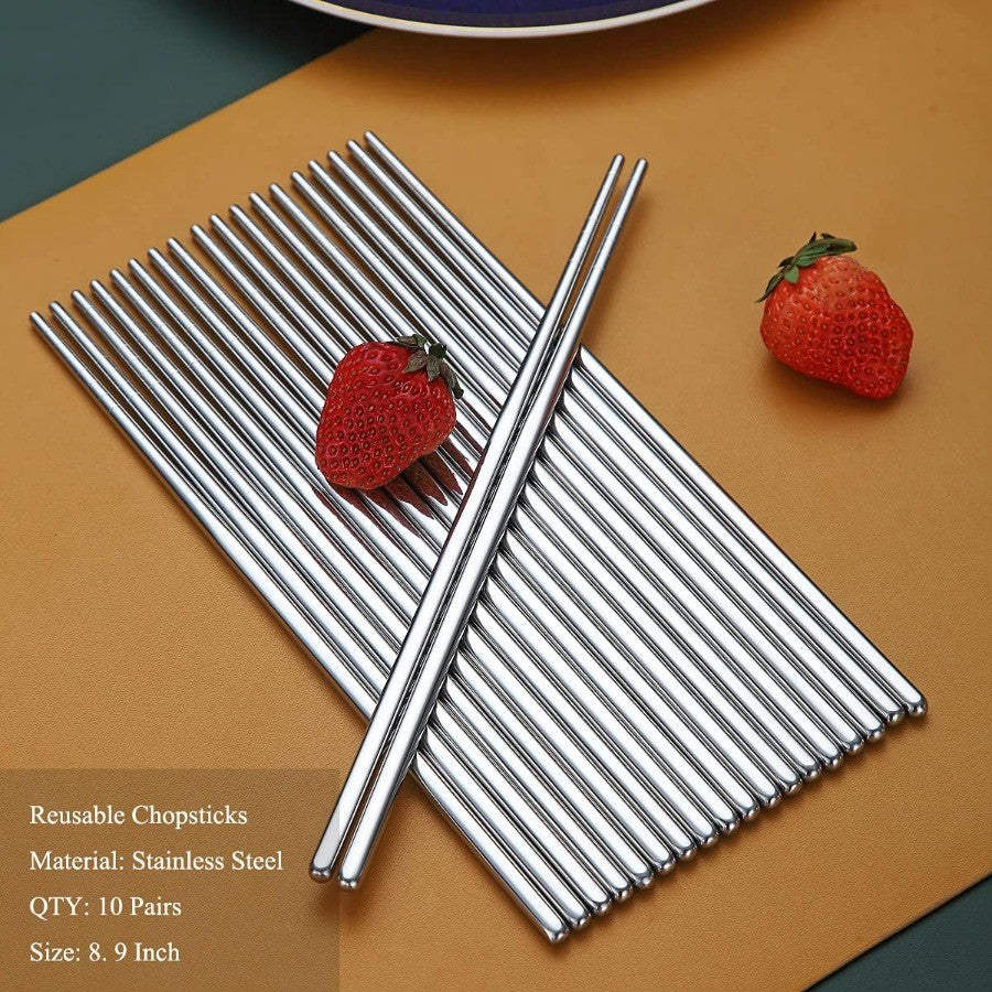 10 Pairs Reusable Chopsticks Stainless Steel Metal Chop Sticks Japanese Chinese Korean Chopstick Dishwasher Safe 8.9 Inch Silve