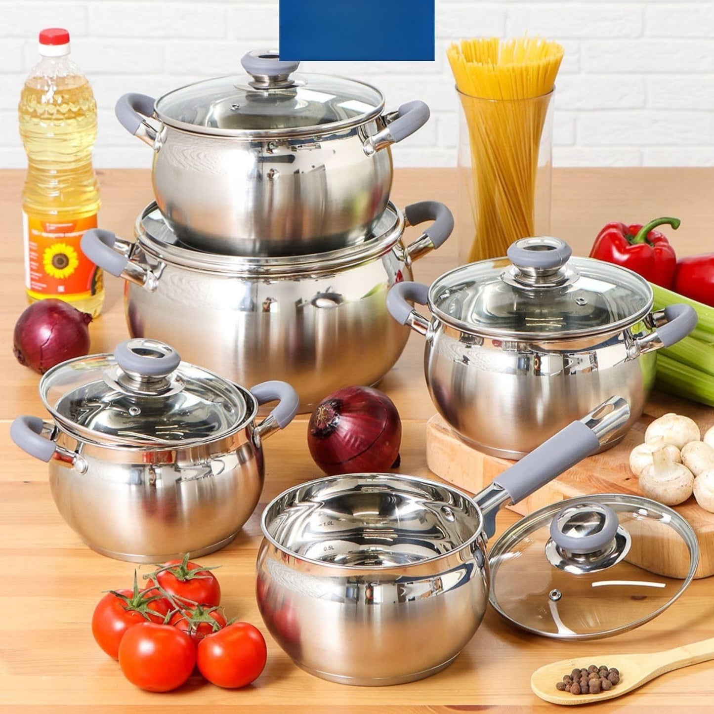 Conjunto de Panelas de Indução Moderno em Aço Inox com 6 Peças – Panelas Próprias para Lava-Louças com Alças Antitérmicas, Tampas de Vidro, Prateado