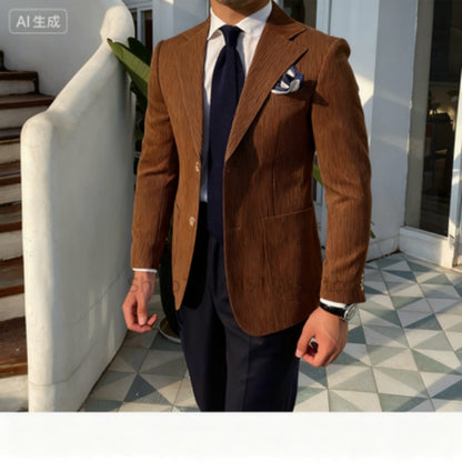 Summer Seersucker 2-Piece Men's Blue Striped Blazer Suit with Notched Lapel Casual Wedding Fine Fit Trousers Male Fashion