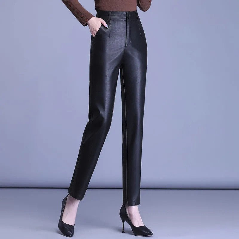 2023 Spring Autumn Sheepskin Pants Women High-waist Straight Pants Slim Lady Genuine Leather Casual Trousers Ankle-Length Pants