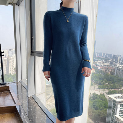 Autumn And Winter 100% Pure Wool Ladies Long Sweater Skirt Semi-High Collar Cashmere Dress Large Knit Bottoming Skirt