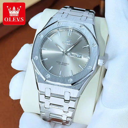 OLEVS Men's Watches Luxury Fashion Fine Steel Original Quartz Wristwatch for Man Waterproof Luminous Date Week Trend Dress 3726