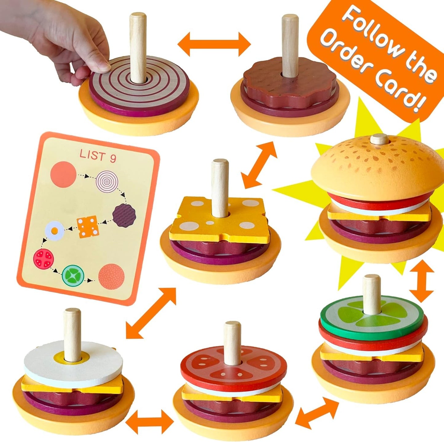 Wooden Burger Sandwich Stacking Toys For Toddler Kids Preschool Learning Educational Toys Pretend Play Food Kitchen Toys Gifts