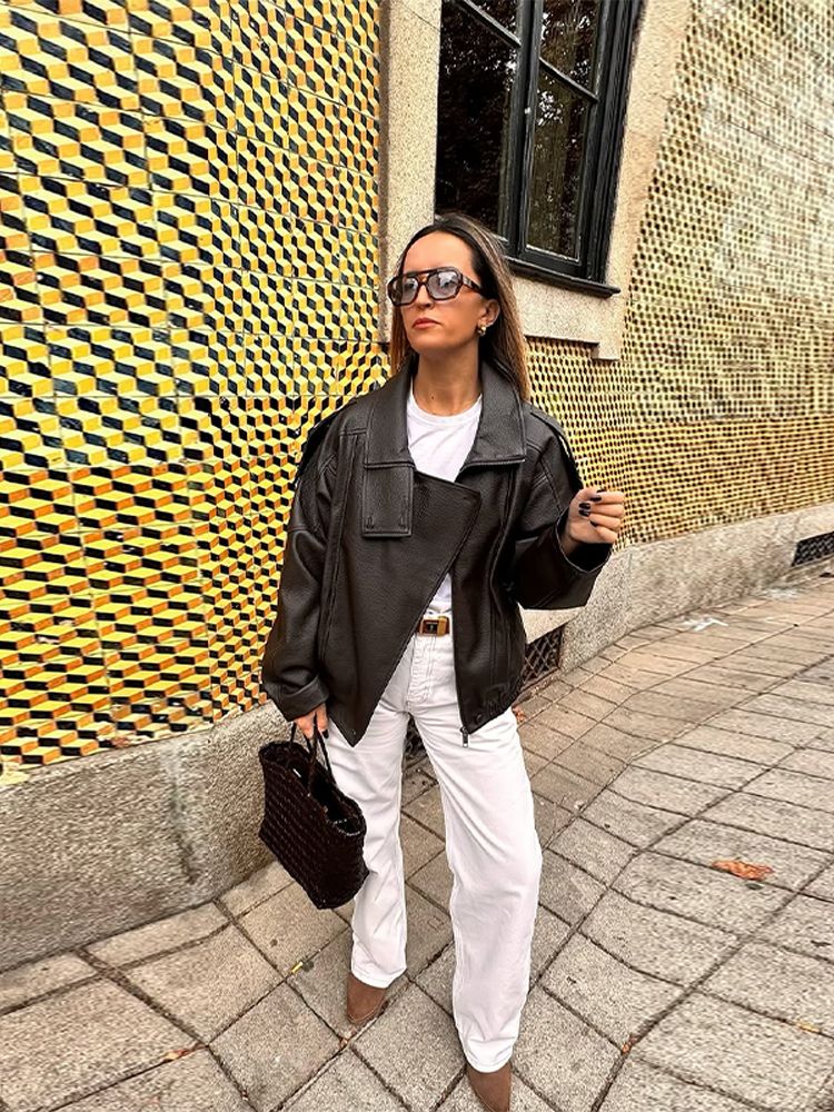 Faux Leather Stand Collar Bomber Jacket Women Locomotive Epaulet Slant Opening Ruched Coats Fashion Autumn Winter Lady Outerwear