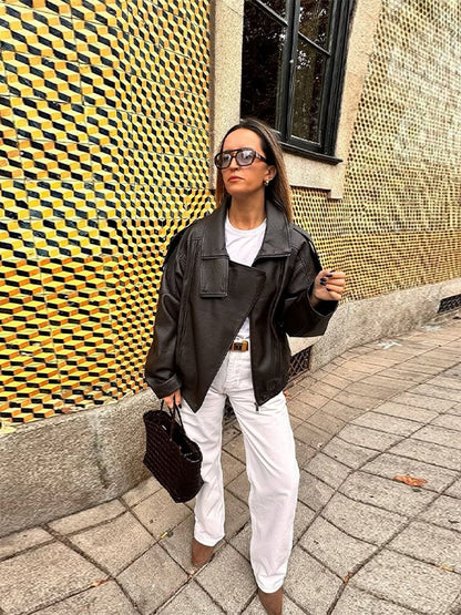 Faux Leather Stand Collar Bomber Jacket Women Locomotive Epaulet Slant Opening Ruched Coats Fashion Autumn Winter Lady Outerwear