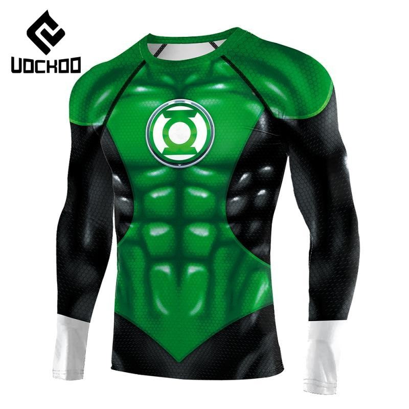 Superheroes Cosplay Costume Men Green Compression Shirts Lantern Printing Long Sleeves Tops Gym Sports Shirt Male Clothes