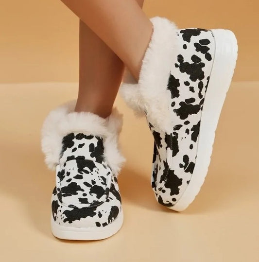 2025 Autumn Winter Women Fluffy Fur Snow Boots Women Leopard Print Flat Flat Heels Thicken Plush Cotton Padded Shoes Woman Warm
