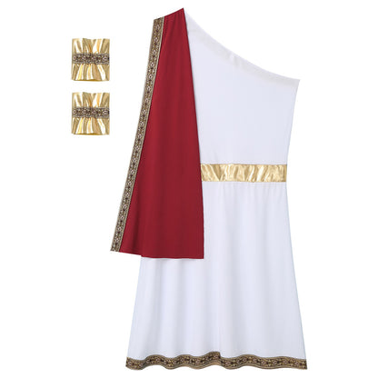 Mens Ancient Greek Toga Roman King Prince Cosplay Costume Halloween One Shoulder Embroidered Robe Dress Theme Party Outfits