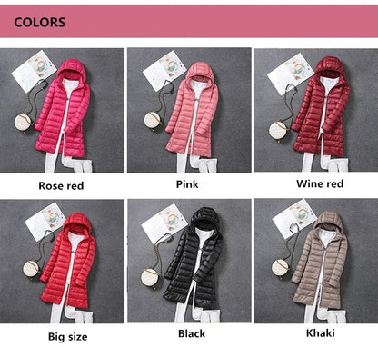 Women Ultra Lightweight Packable Long Puffer Jacket 2023 New Autumn Winter Warm Hat Detachable Hooded Female Coat Parka 5XL 7XL