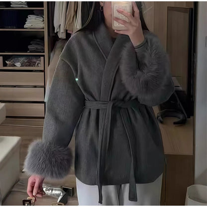 2025 Chic Lapel Plush Coat With Belt Women Vintage Solid Faux Fur Sleeve Tweed Open Coats Female Autumn Casual Street Outwear