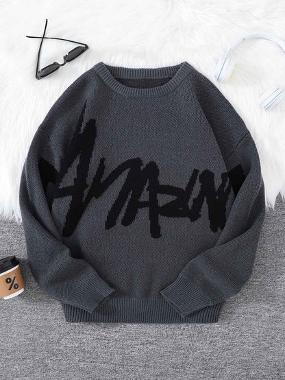 New Popular Spring Autumn Graffiti Jacquard Pattern Pullover Sweater Casual Round Neck Contrast Color Knitted Men's Pullover