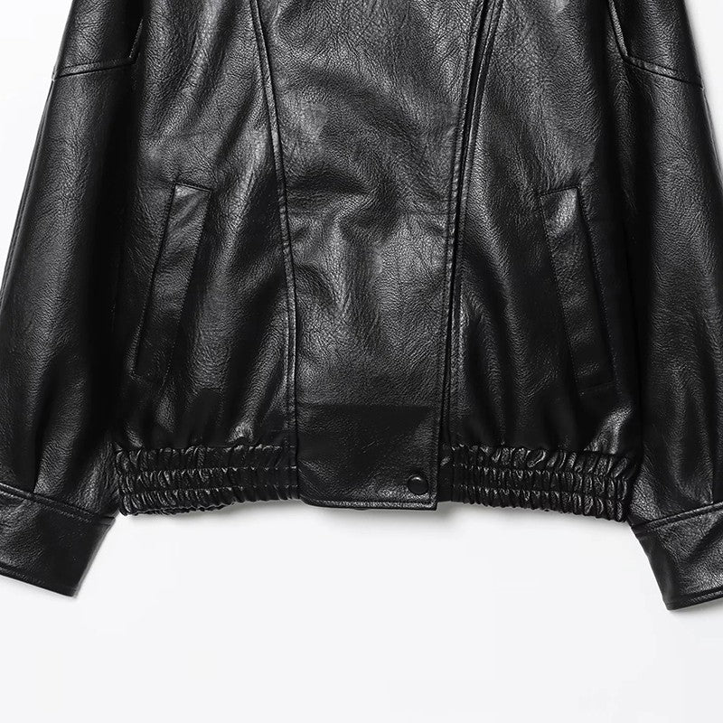 HXAO Faux Leather Jacket Coat Demi-Season Black Bomber Jacket Outerwears Long Sleeve Snap Button Cropped Motorcycle Jacket