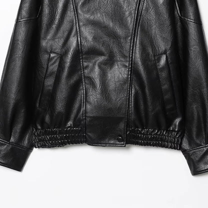 HXAO Faux Leather Jacket Coat Demi-Season Black Bomber Jacket Outerwears Long Sleeve Snap Button Cropped Motorcycle Jacket