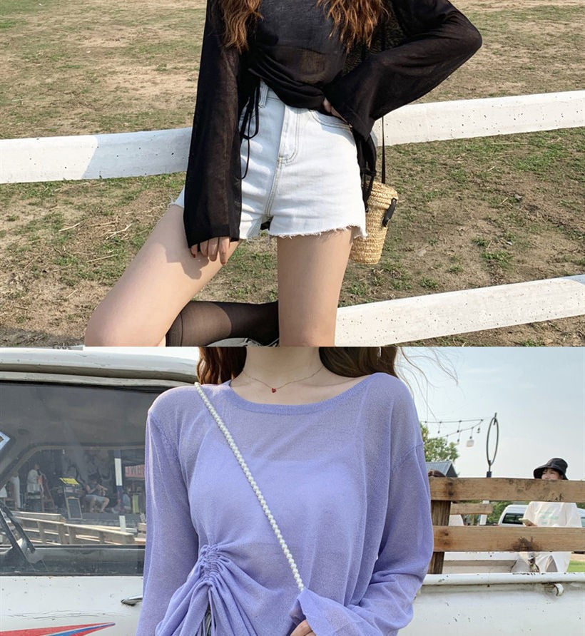 Women's 2025 Women's Summer New Beach Long sleeved Sunscreen Jacket Loose Hoodie Drawstring Upward Shirt