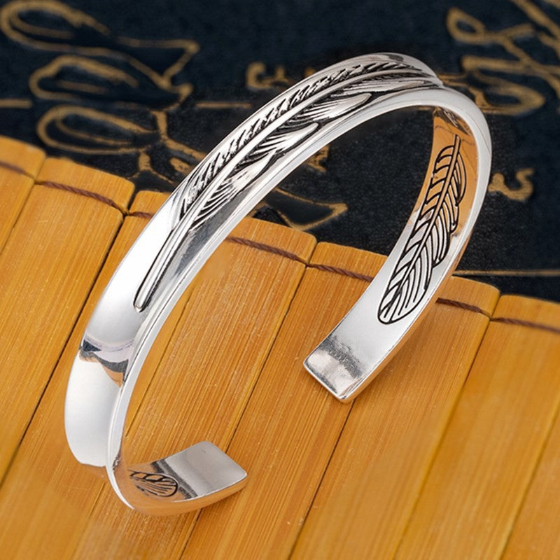 Pulseira Bracelete de Prata Esterlina 925 Pena Flor Dourada Vintage Punk Para Mulheres Homens Joias da Moda Presente Dropship Atacado