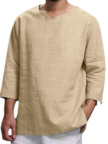 Men's Long Sleeve V-Neck Cotton Linen Loose Shirt