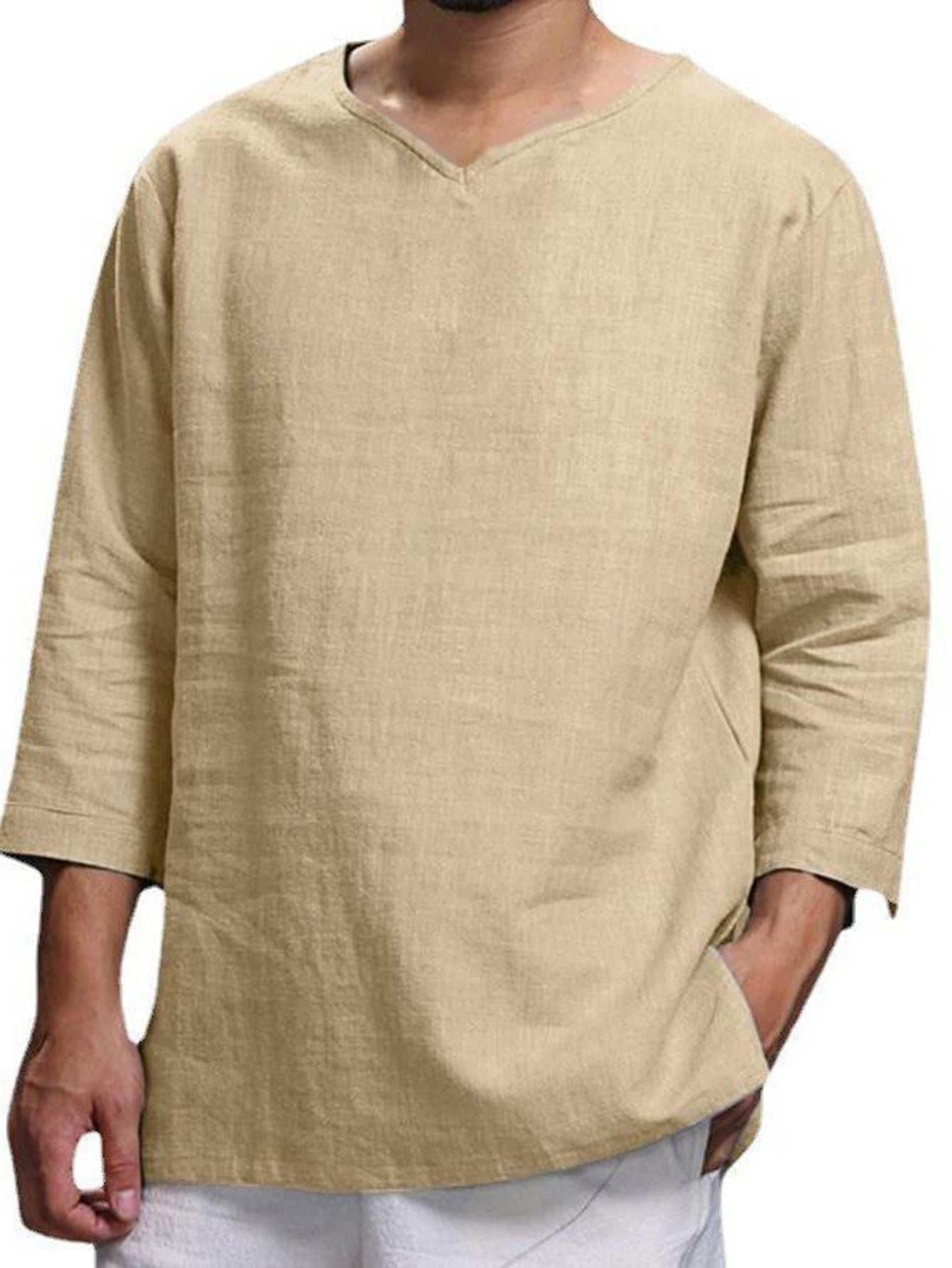 Men's Long Sleeve V-Neck Cotton Linen Loose Shirt