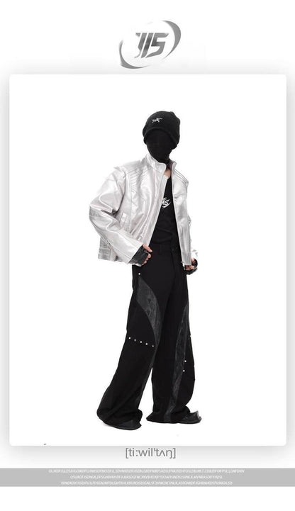 FEWQ Niche Design Men's PU Leather Coats Stand Collar Solid Color Zipper Metal Design Shoulder Pads Male Short Jacket 24K5931