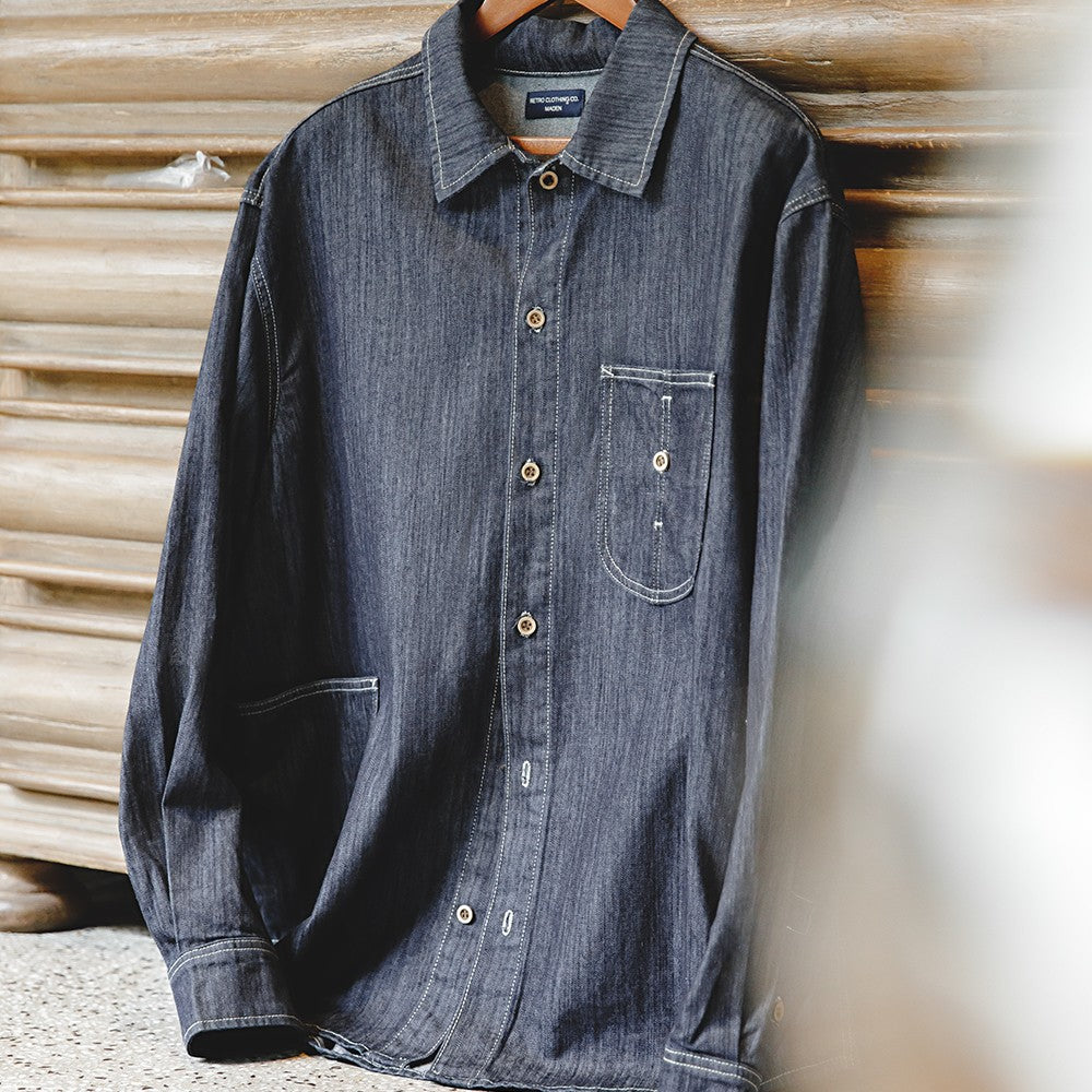 Maden Vintage Washed Pockets Denim Shirt for Men Casual Button Down Long Sleeve Shirt Male Loose Workwear Tops Large Pocket