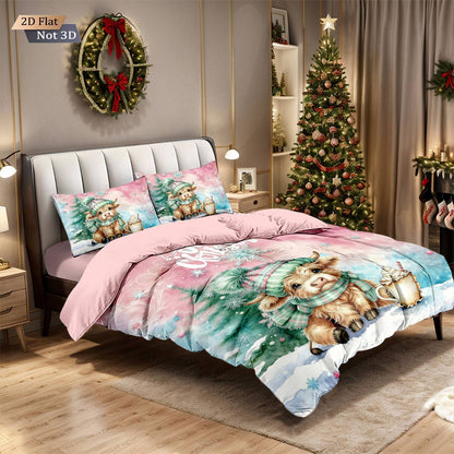 3pcs Christmas Pink Highland Cow Print Coreless Bedding Set Multi Sized Bedding Bedding Decoration Comfortable Machine Washable