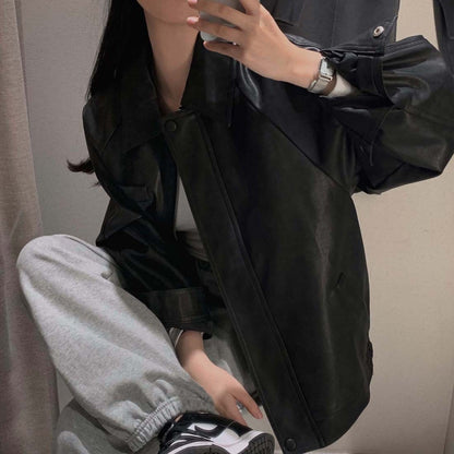 Sli Loose PU Leather Jaet Women's Chic Retro Collar Versatile BF Sle Motorcycle Clothes Trendy Long Sve Zipper